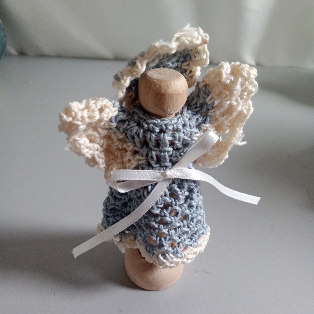 Handmade Wooden Peg Angel Christmas Ornament Blue Crochet Dress 3.5 Inch